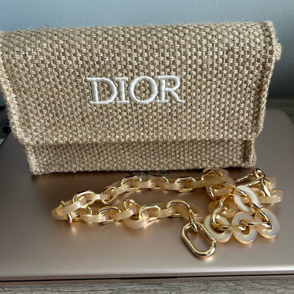 Dior Burlap Straw Raffia Woven Clutch with Shoulder Strap